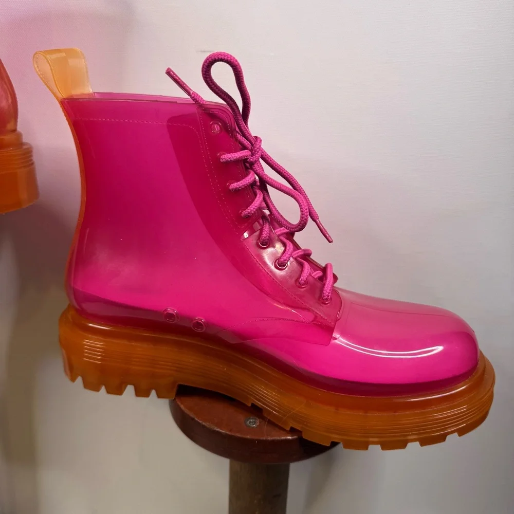 MELISSA Coturno Translucent Platform Lace Up Combat Boots HOT PINK-ORANGE / 7 US - Picture 6 of 14